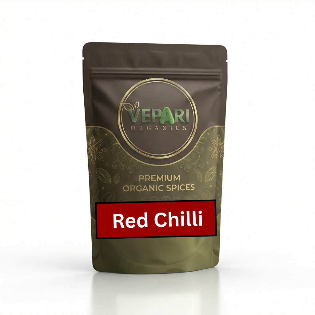Vepari Organics red chilli spice package on a white background